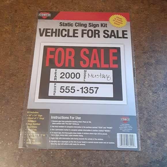 Cosco Static Cling 10" x 14" VEHICLE FOR SALE Sign Kit (Lot of 2) - New/Sealed - Picture 1 of 5